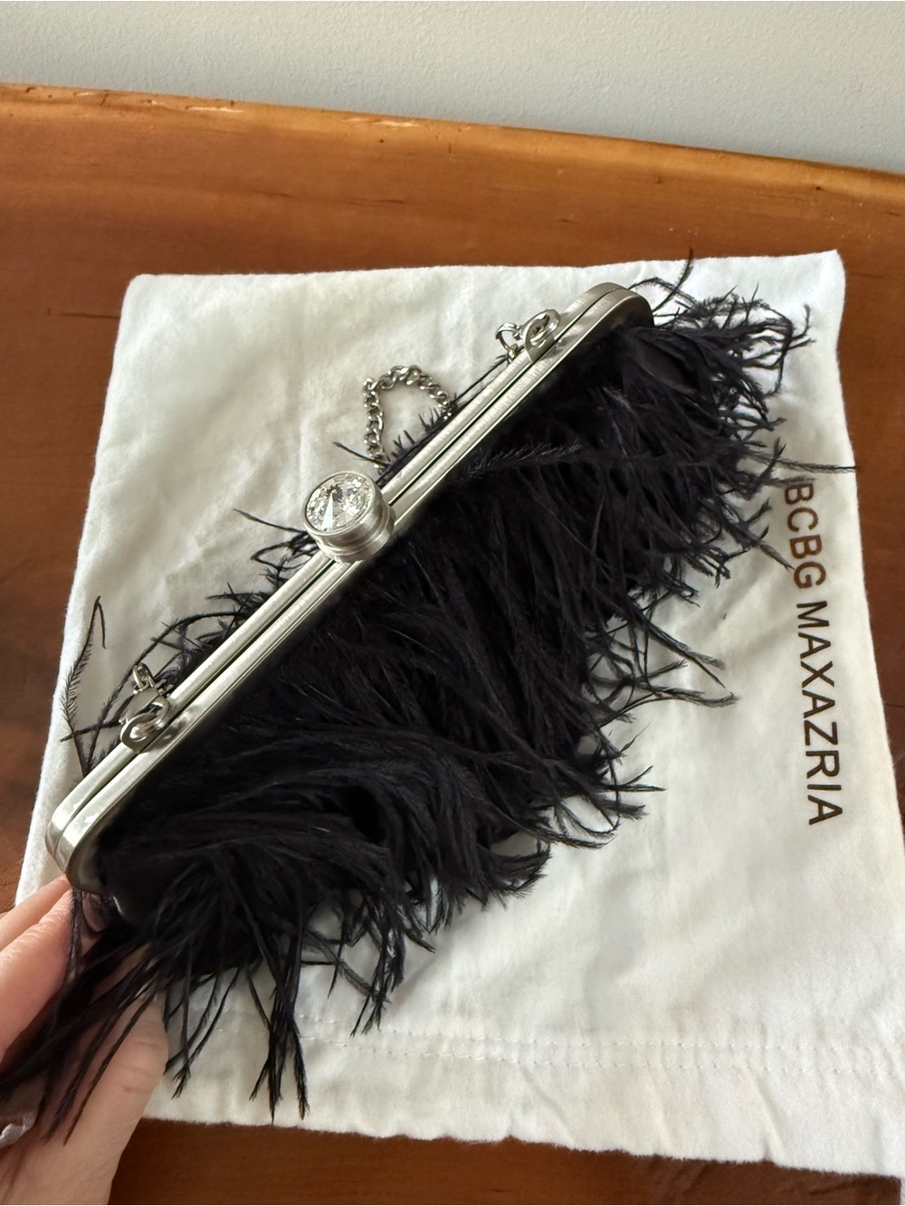 NWOT BCBGMAXAZRIA Black Ostrich Feather Crystal Clutch Chain Bag